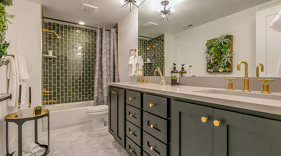 Luxury master bathroom remodel featuring a floating wood double vanity with under-cabinet lighting and a spacious white marble walk-in shower